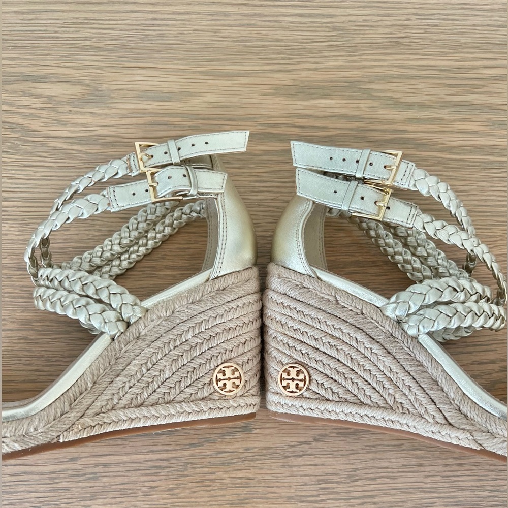 Tory Burch Bailey Metallic Leather Braid Espadrille Wedge Platform Sandals Gold - Picture 9 of 15